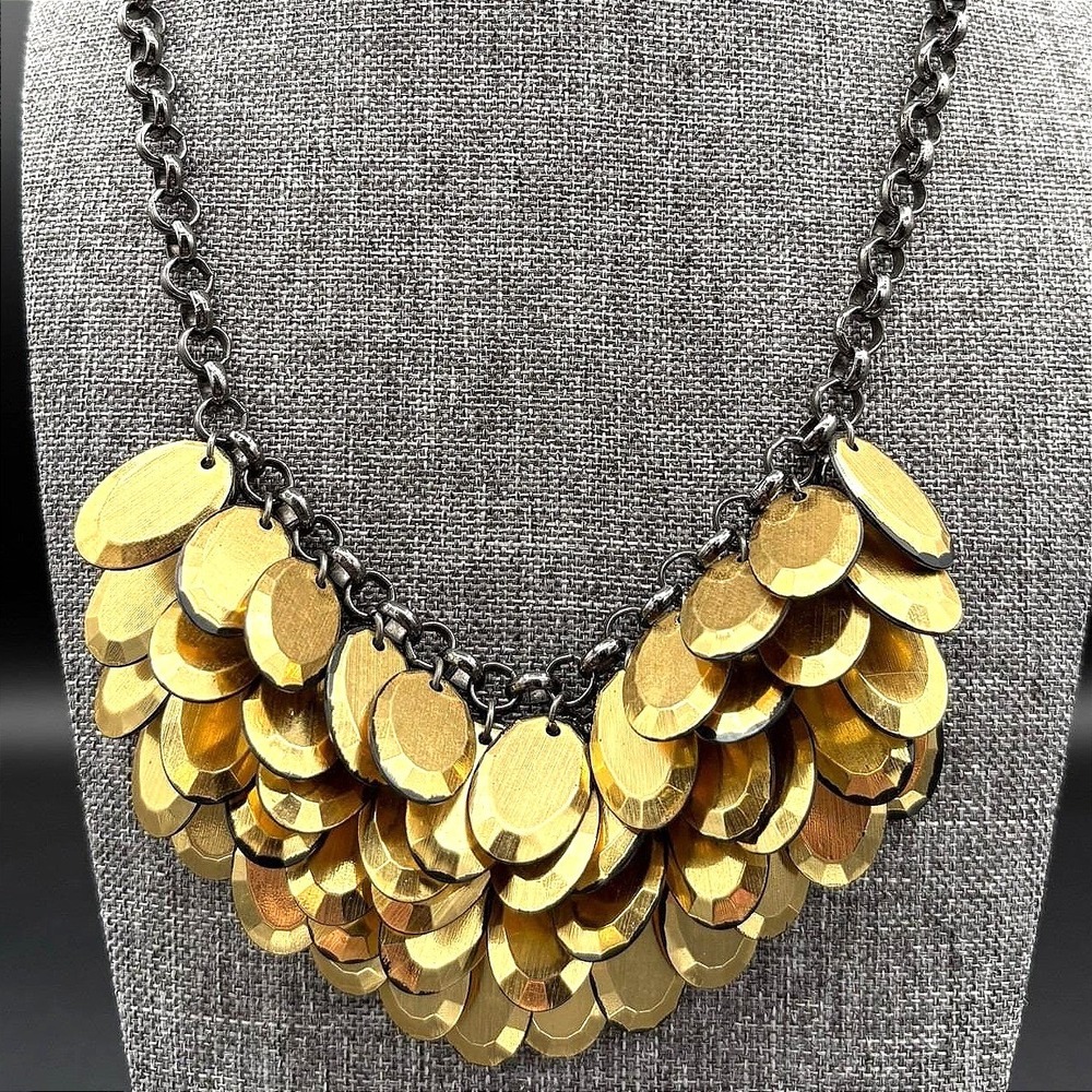 Vintage Art Deco Brass Tone Graduated Disc Bib Necklace Chunky‎ Maximalist
